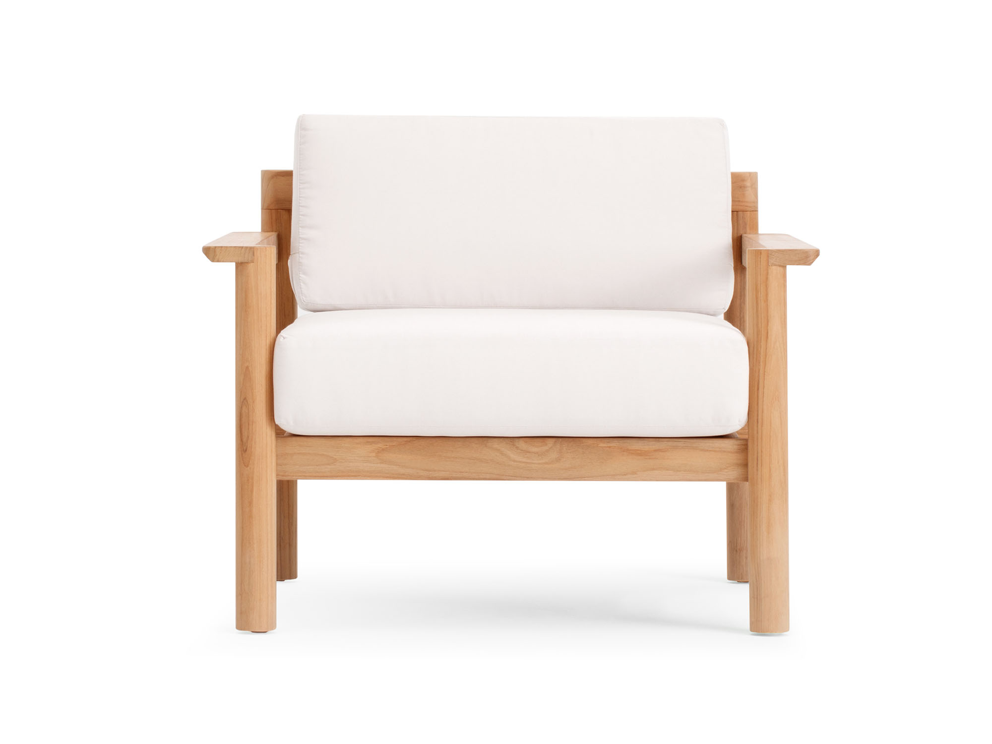 Front view of outdoor chair with white cushions and wood legs